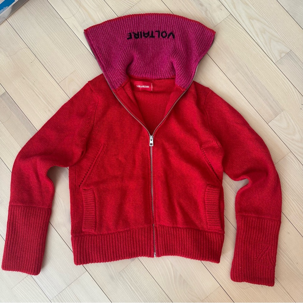 Zadig & Voltaire red cashmere zip up cardigan size S